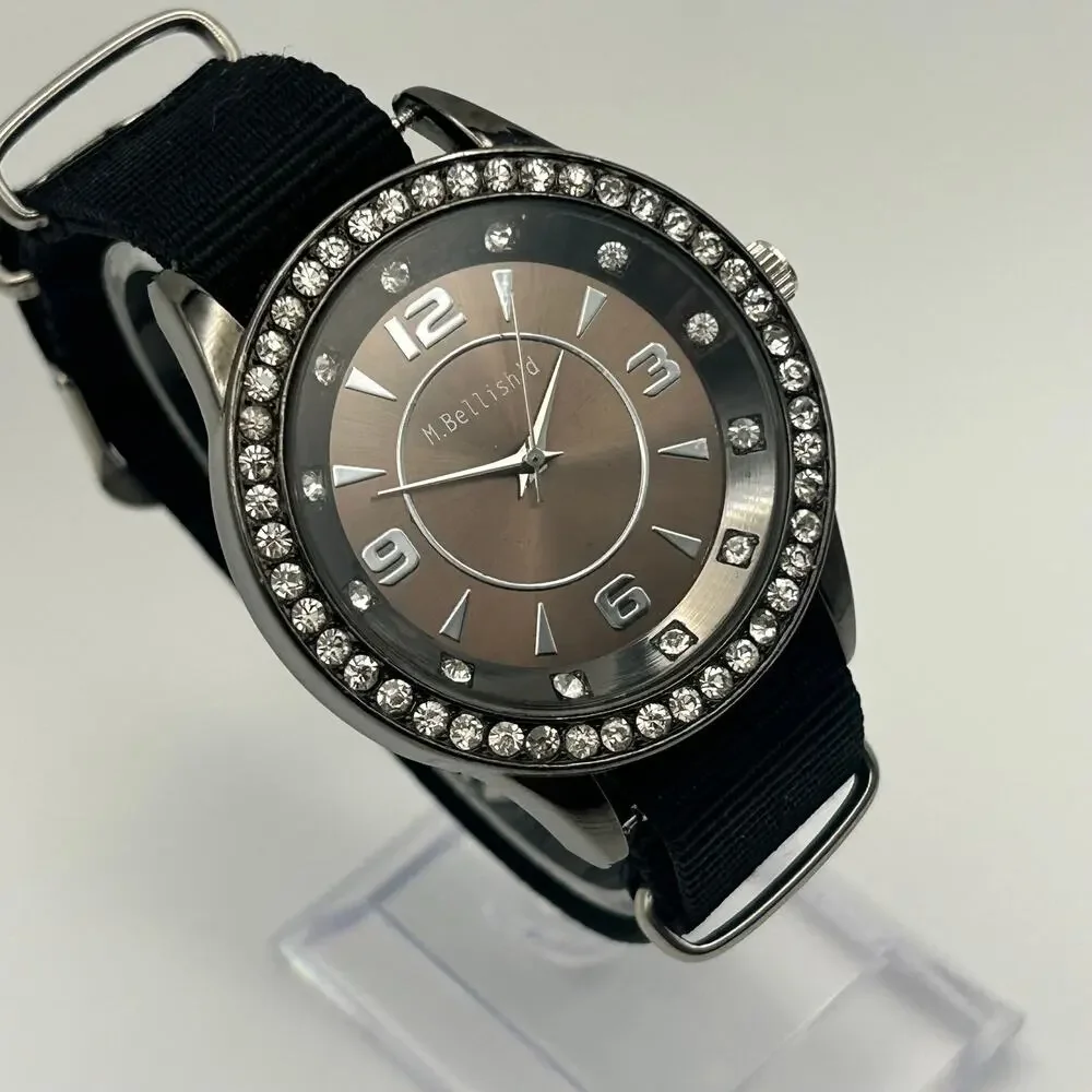 M. Bellish'd Crystal Bezel Black Fabric Strap Casual Analog Watch New Battery